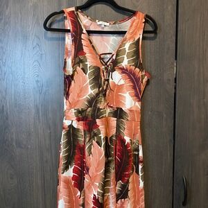 Iris Womens Tropical Palm Leaf Lace Up V-Neck Maxi Dress Rust Olive Size S